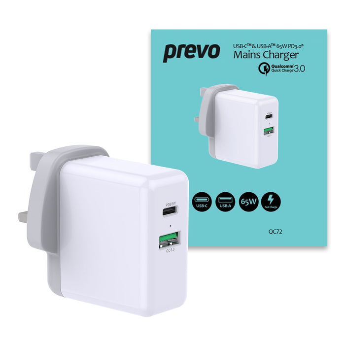 Prevo QC72 65W USB-C PD Multi-Port Laptop & Phone Charger